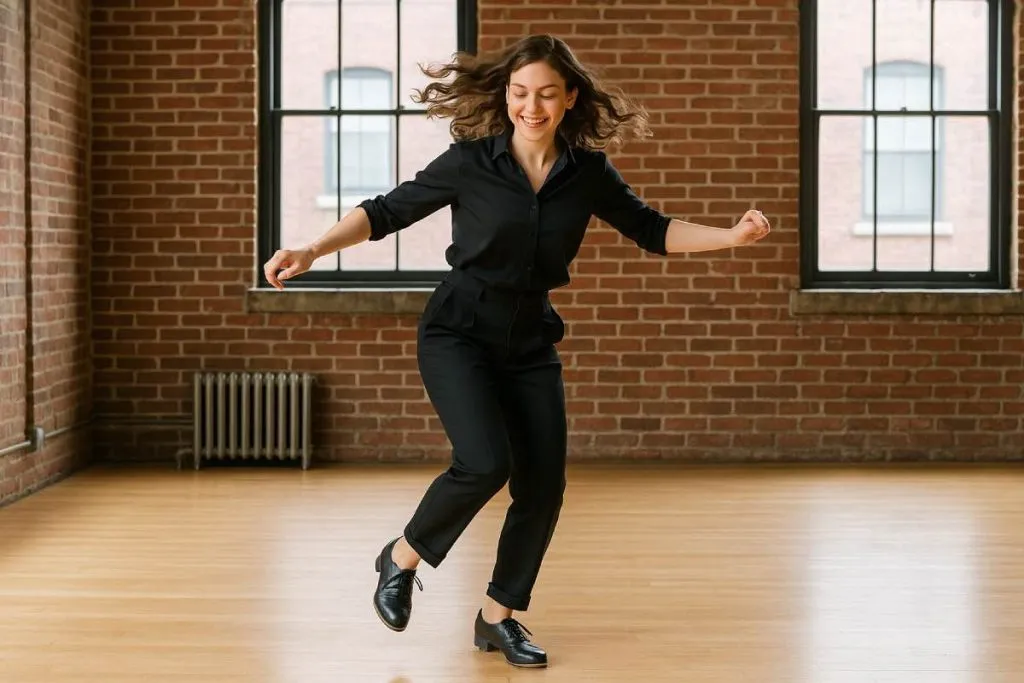 Formación en claqué o tap dance: persona practicando pasos rítmicos con zapatos de claqué.