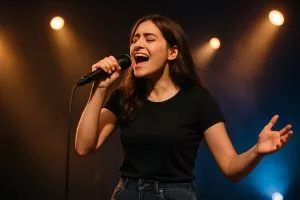Historia y origen del canto: chica cantando en un escenario.