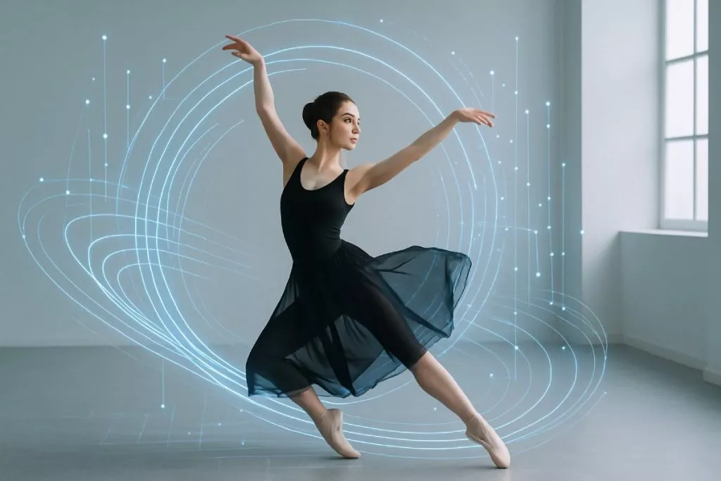 Danza y Recursos Tecnológicos: La Innovación en el Movimiento, chica en posición de tendu generada con inteligencia artificial.