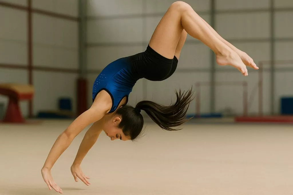 Historia y origen de la gimnasia: chica realizando un mortal en el suelo.